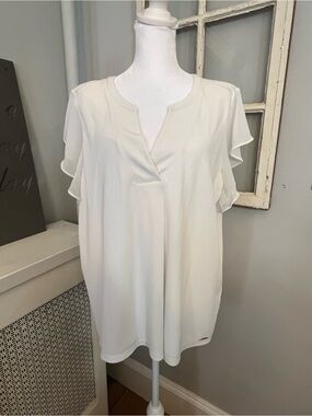 Calvin Klein Cream Split V-Neck Flutter Sleeve Blouse